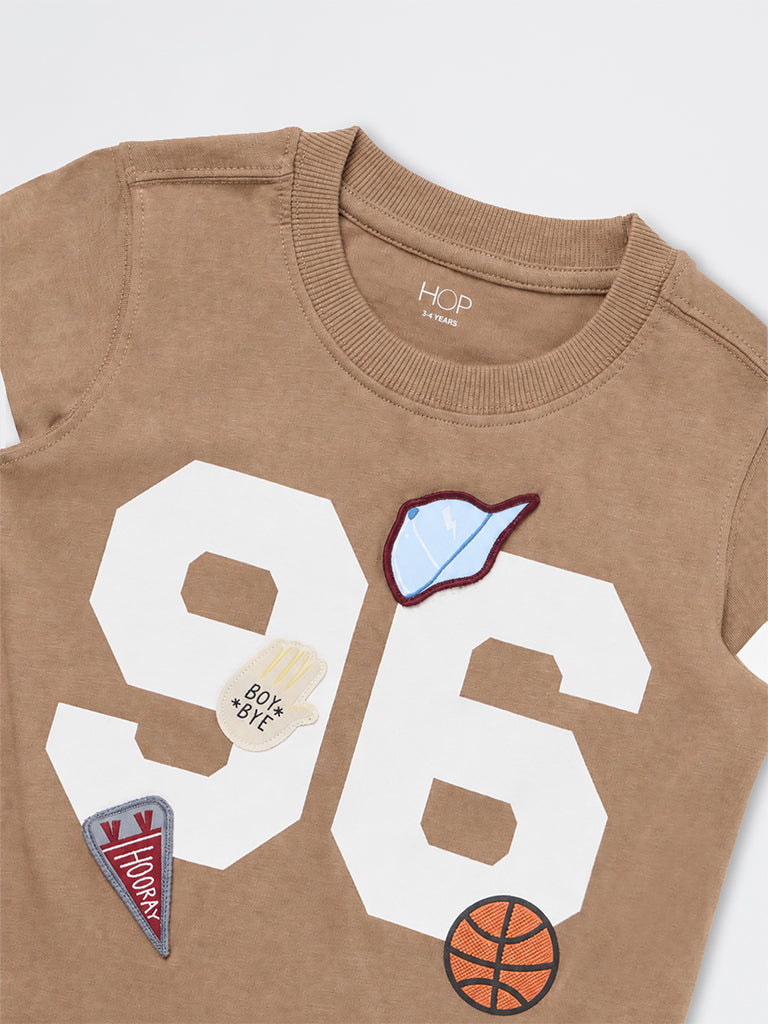 HOP Kids Boys Taupe Numerical Printed Cotton T-Shirt