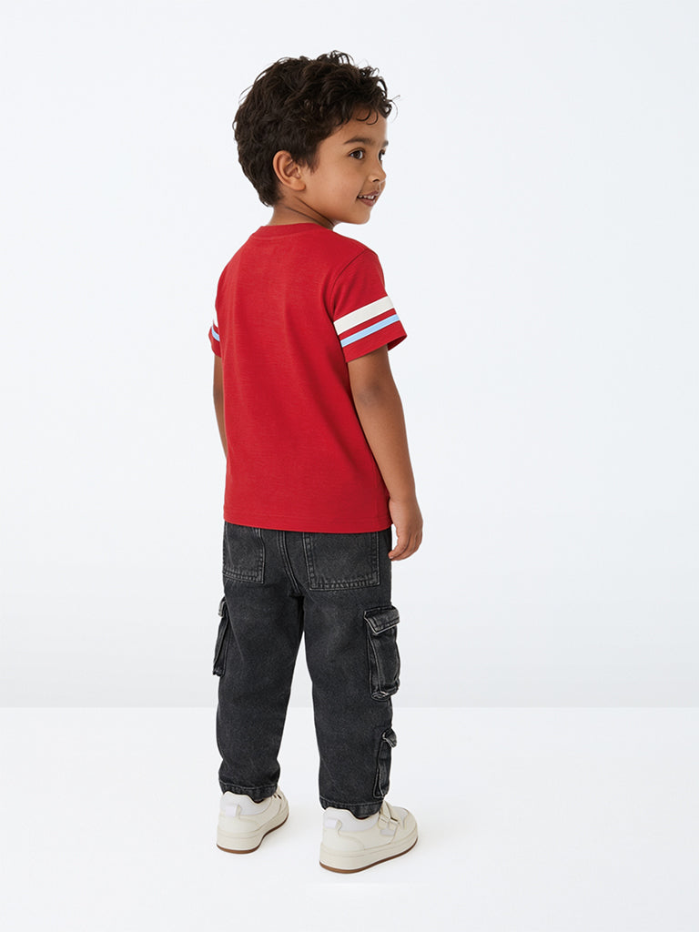 HOP Kids Boys Red Text Embroidered Cotton T-Shirt