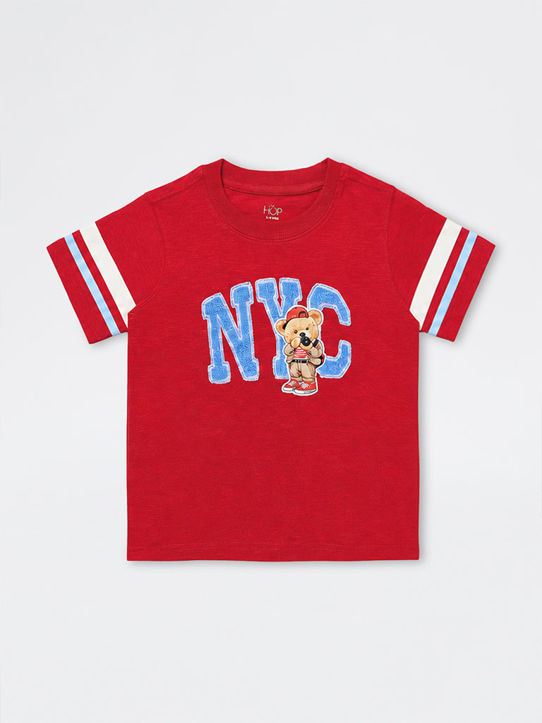 HOP Kids Boys Red Text Embroidered Cotton T-Shirt