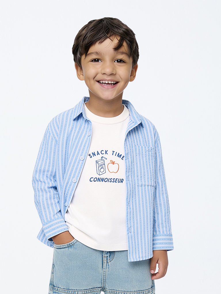 HOP Kids Boys Blue Seersucker Striped Cotton Shirt with T-Shirt Set