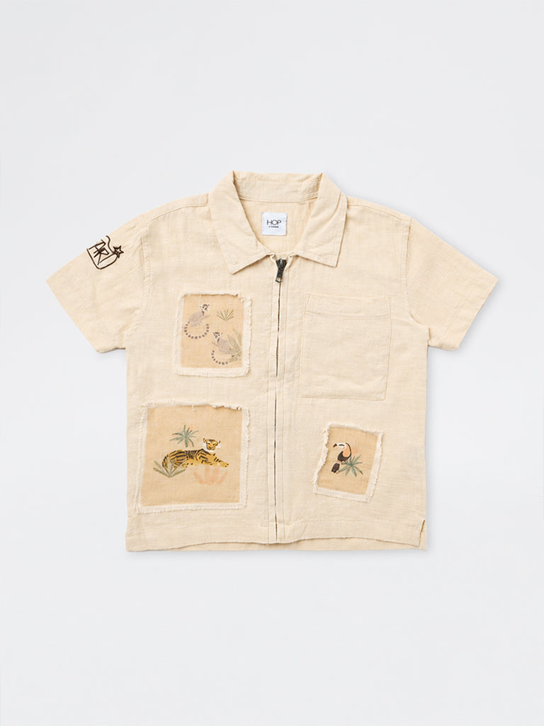 HOP Kids Boys Light Beige Wildlife-Theme Cotton Shirt