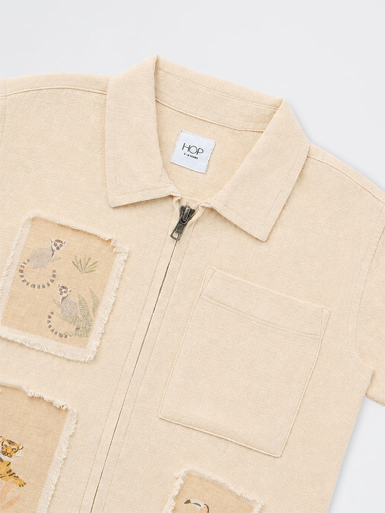 HOP Kids Boys Light Beige Wildlife-Theme Cotton Shirt