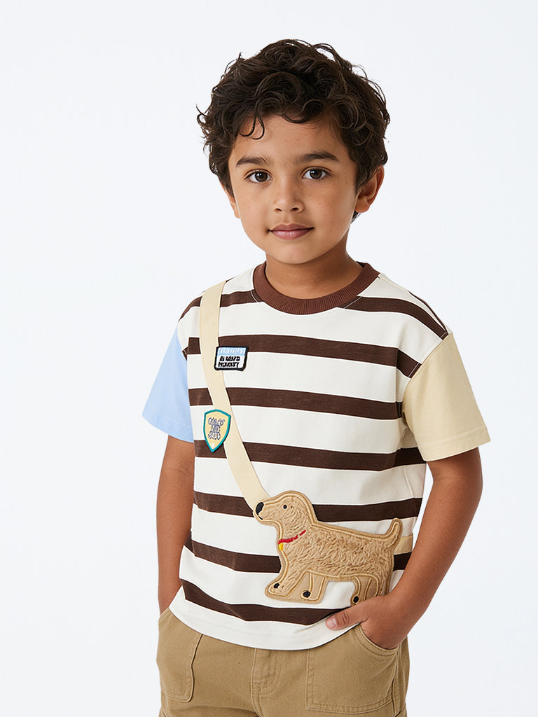 HOP Kids Boys Multicolour Dog Embroidered Cotton T-Shirt
