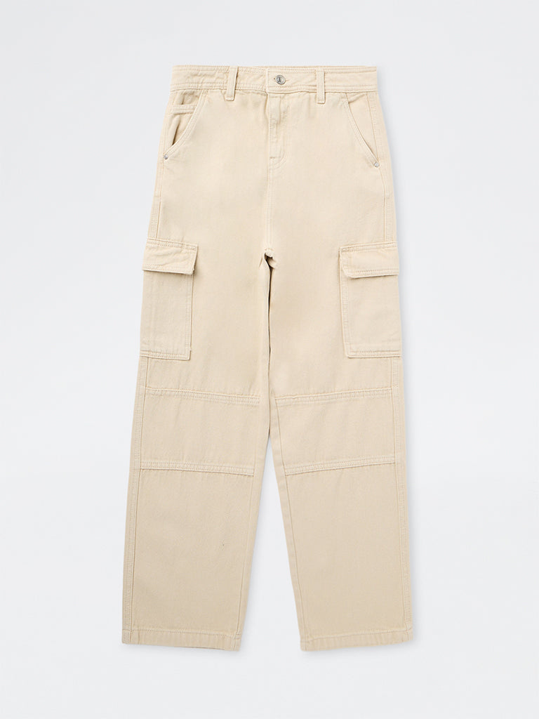 Boys Light Beige Cargo-Style Mid-Rise Relaxed-Fit Jeans