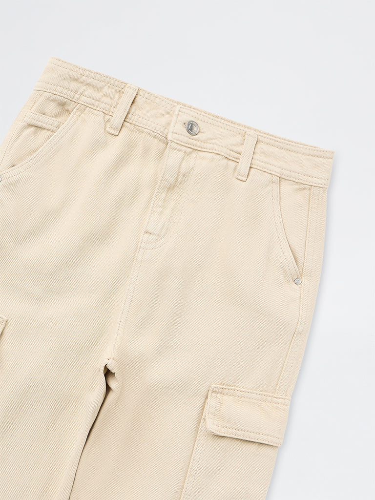 Boys Light Beige Cargo-Style Mid-Rise Relaxed-Fit Jeans