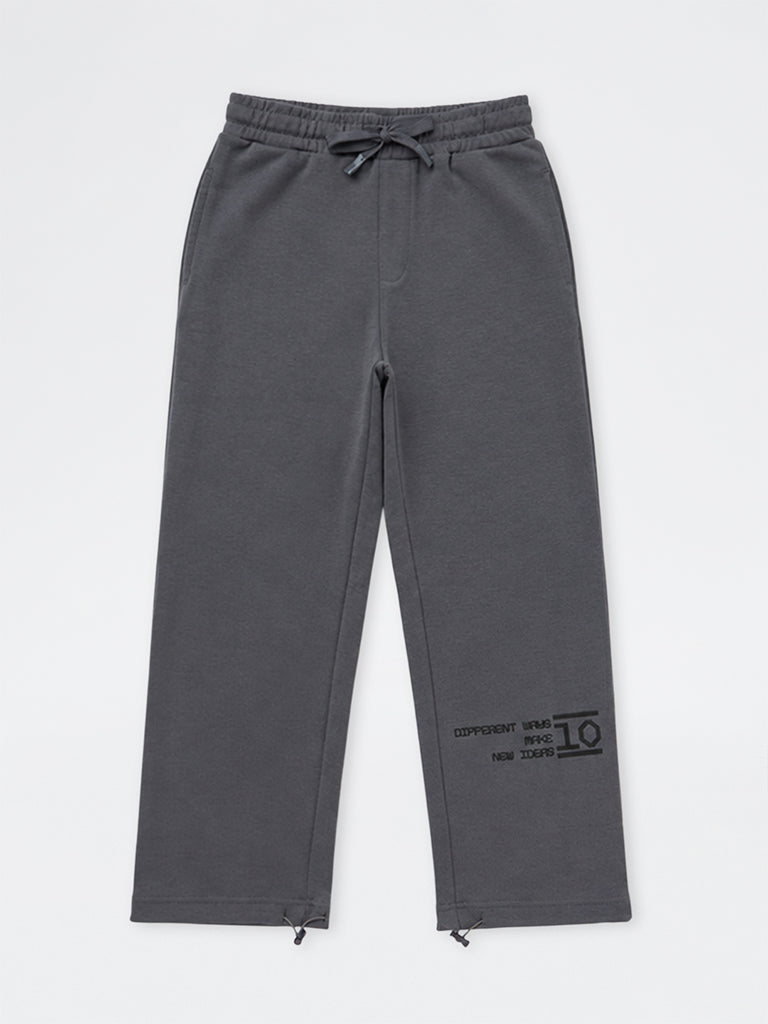 Boys Grey Solid Mid-Rise Cotton-Blend Track Pants