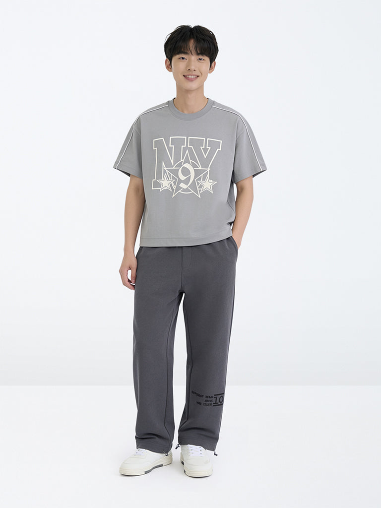 Boys Grey Solid Mid-Rise Cotton-Blend Track Pants