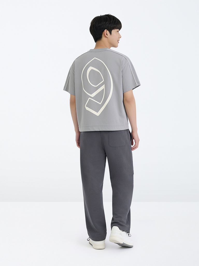 Boys Grey Solid Mid-Rise Cotton-Blend Track Pants