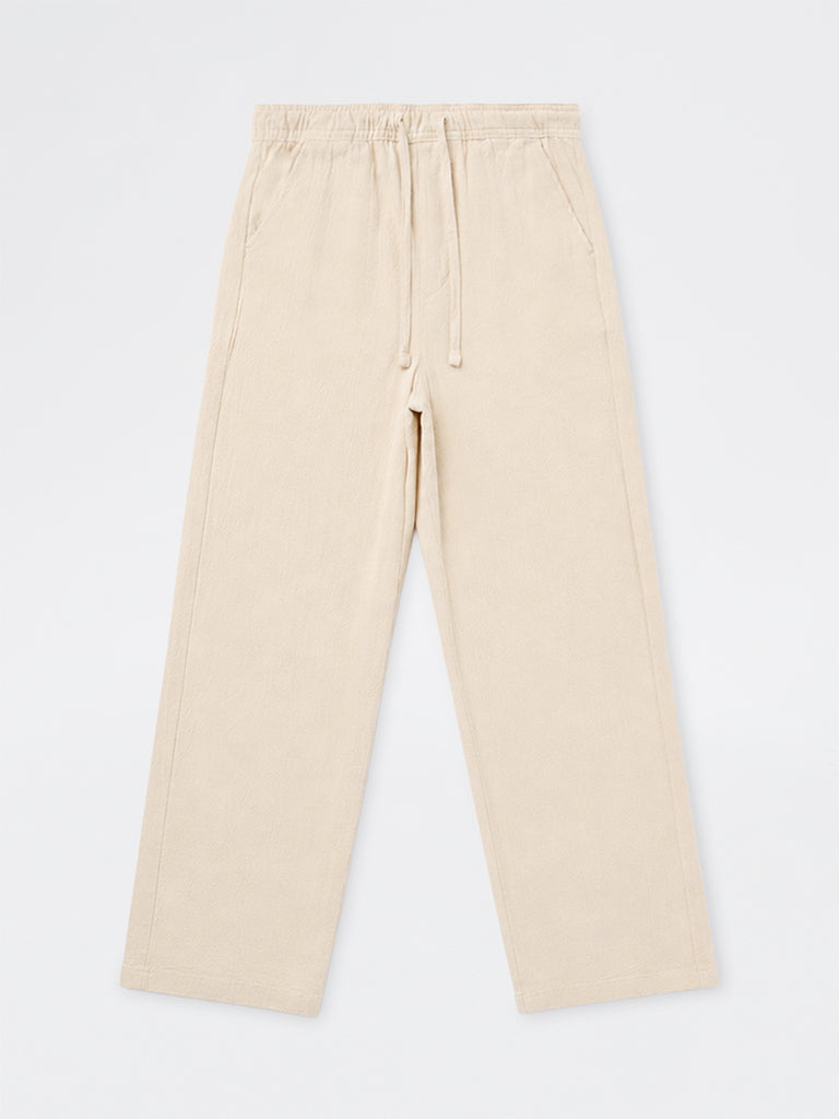Boys Light Beige Solid Mid-Rise Cotton Trousers
