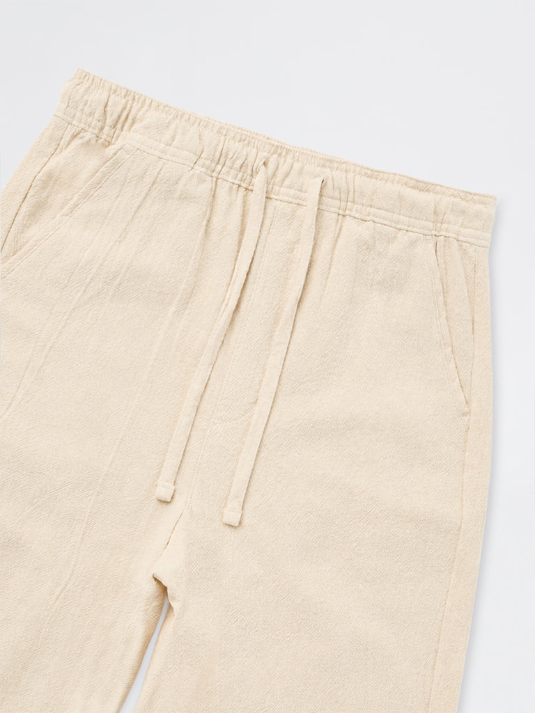 Boys Light Beige Solid Mid-Rise Cotton Trousers