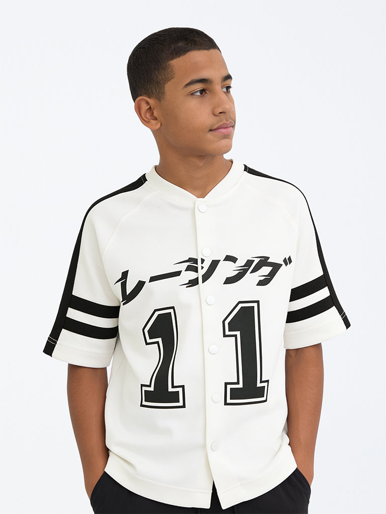 Boys White Numerical Printed Cotton-Blend Shirt