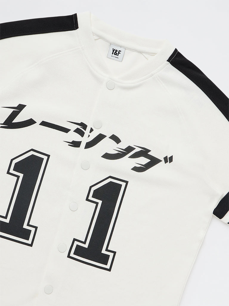 Boys White Numerical Printed Cotton-Blend Shirt