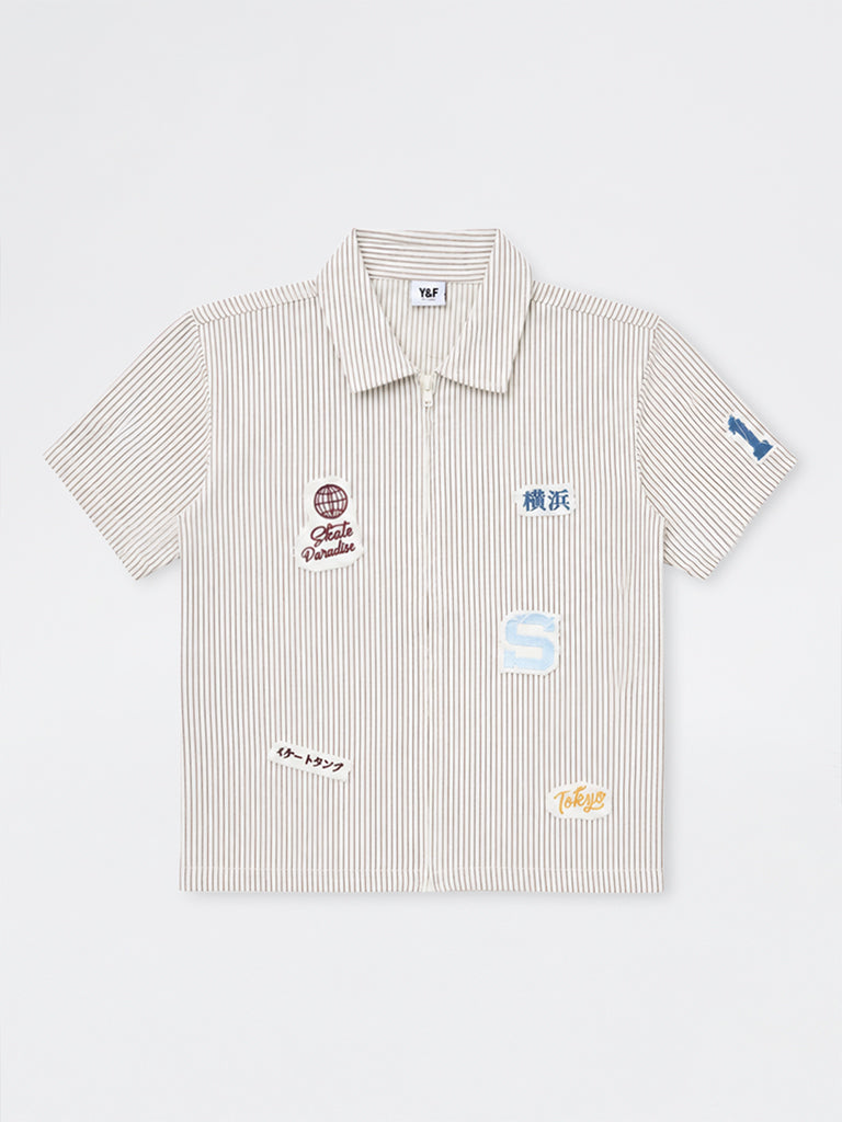 Boys Brown Japanese Cotton-Blend Text Printed Shirt