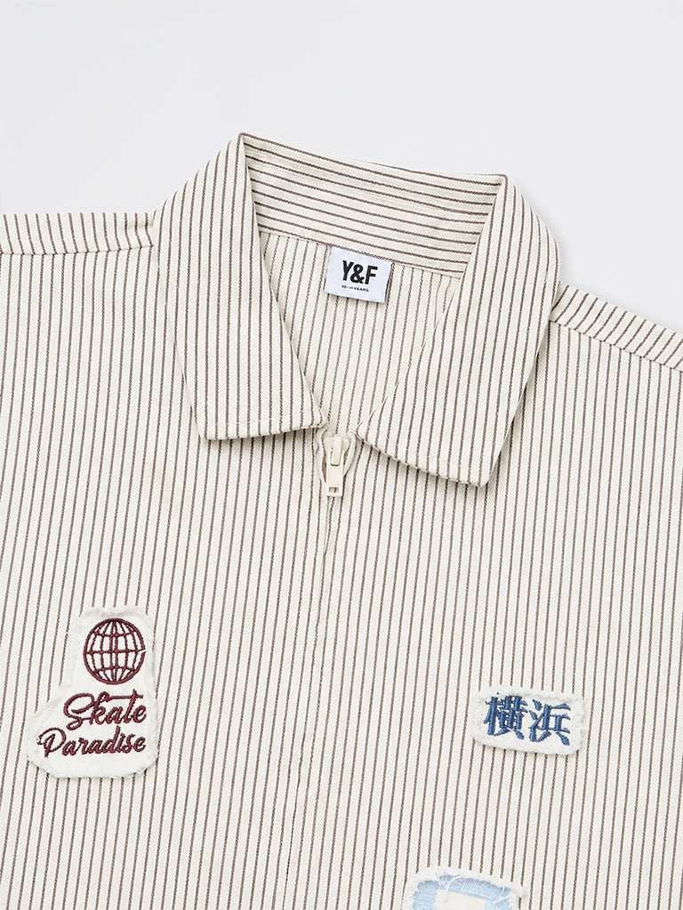 Boys Brown Japanese Cotton-Blend Text Printed Shirt