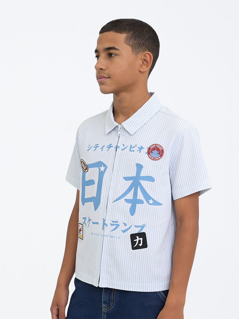 Boys Light Blue Japanese Cotton-Blend Text Printed Shirt