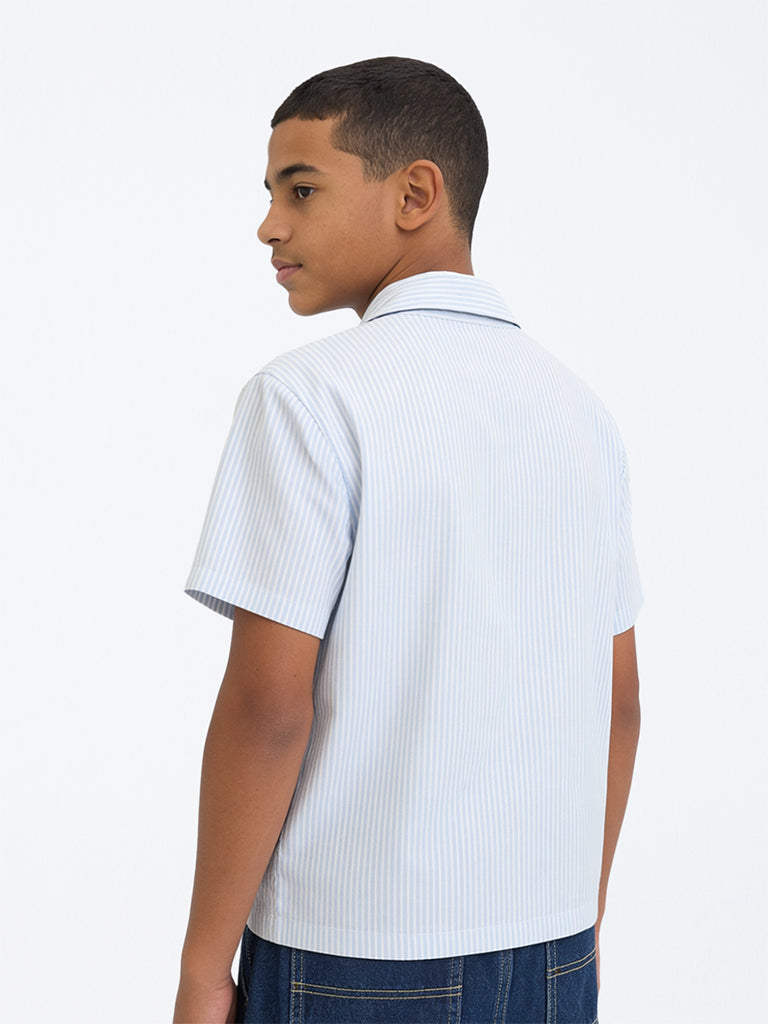 Boys Light Blue Japanese Cotton-Blend Text Printed Shirt
