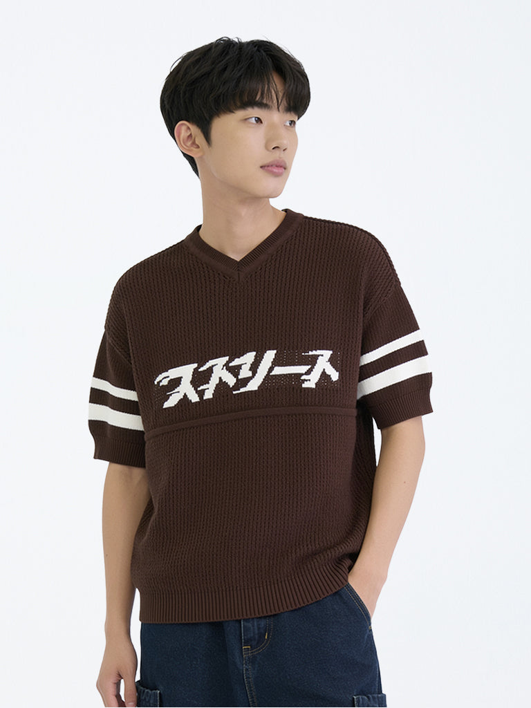 Boys Dark Brown Knit-Textured Cotton T-Shirt