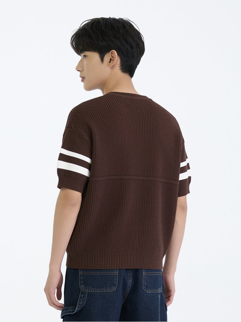 Boys Dark Brown Knit-Textured Cotton T-Shirt