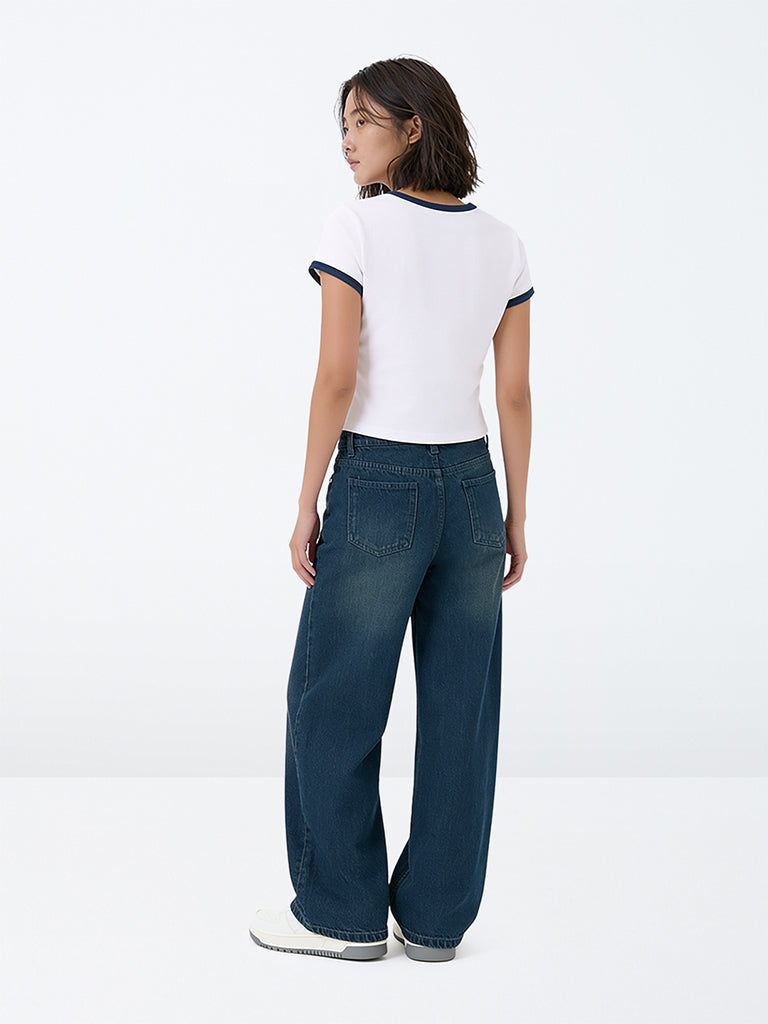 Girls Dark Blue Mid-Wash High-Rise Jeans