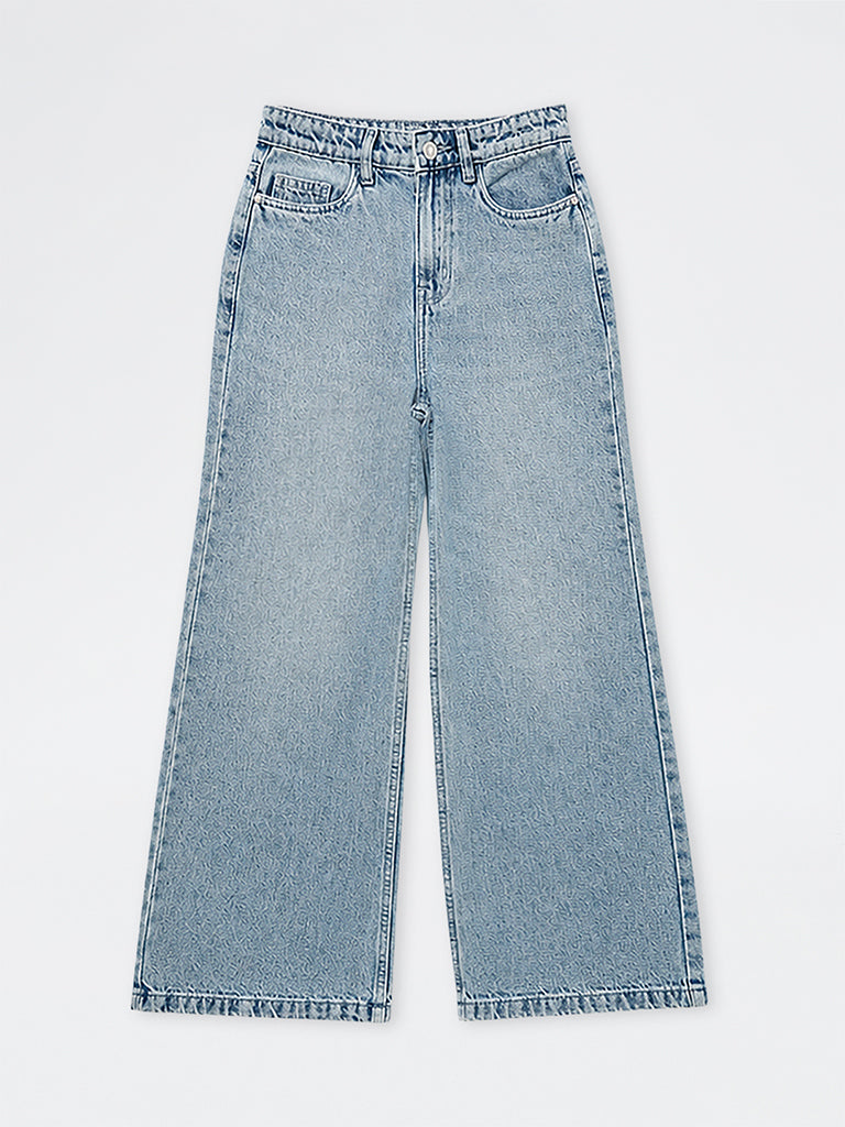Girls Light Blue Washed High-Rise Jeans