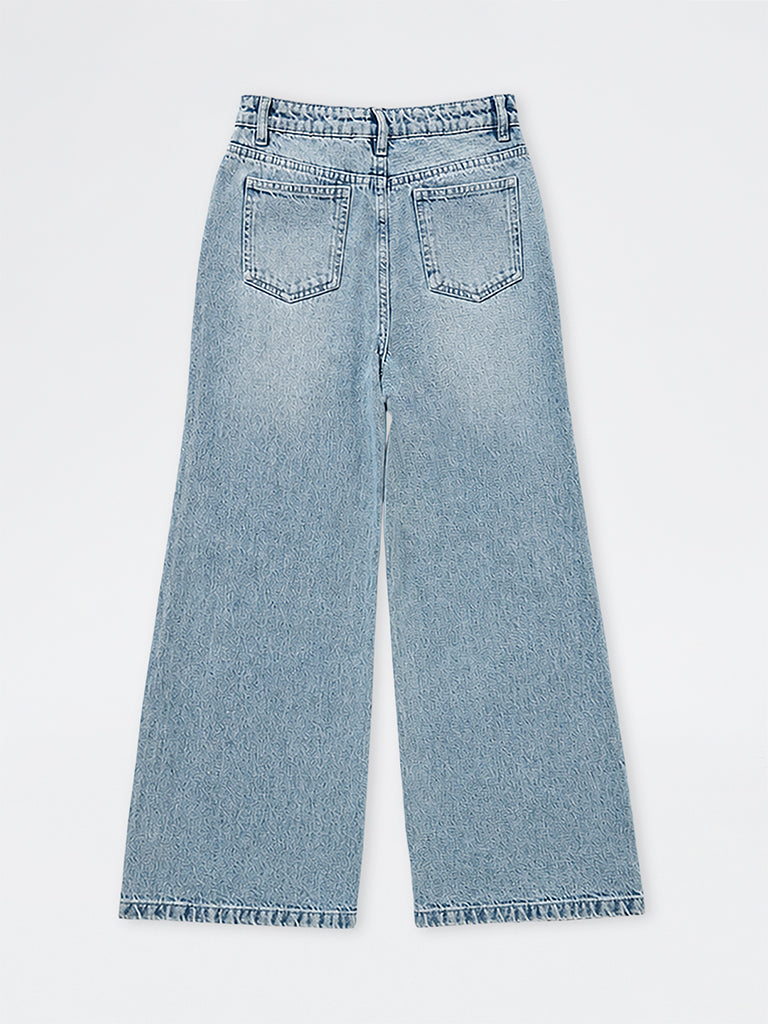 Girls Light Blue Washed High-Rise Jeans