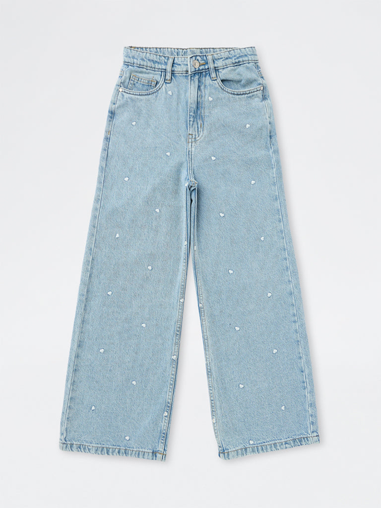 Y&F Kids Girls Blue Heart Detailed High-Rise Relaxed Fit Jeans