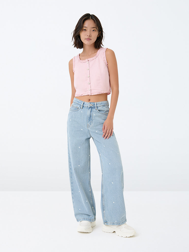 Y&F Kids Girls Blue Heart Detailed High-Rise Relaxed Fit Jeans