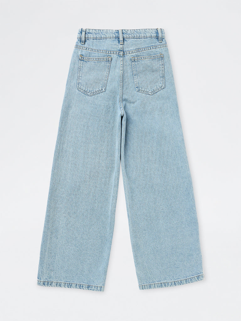 Y&F Kids Girls Blue Heart Detailed High-Rise Relaxed Fit Jeans