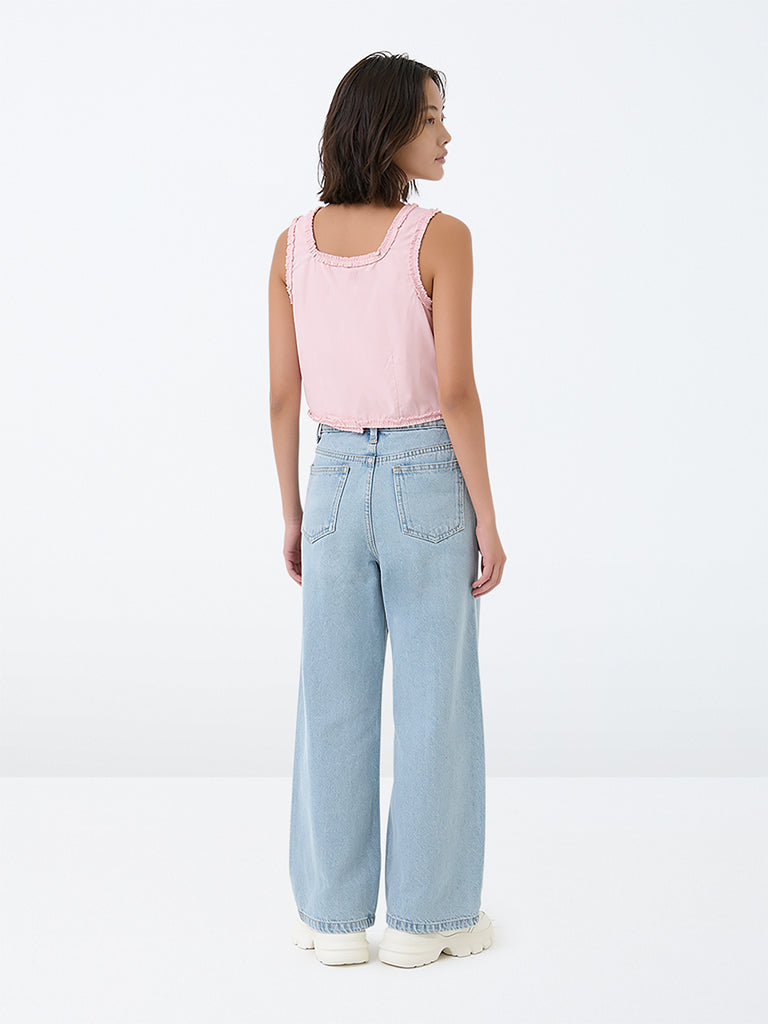 Y&F Kids Girls Blue Heart Detailed High-Rise Relaxed Fit Jeans