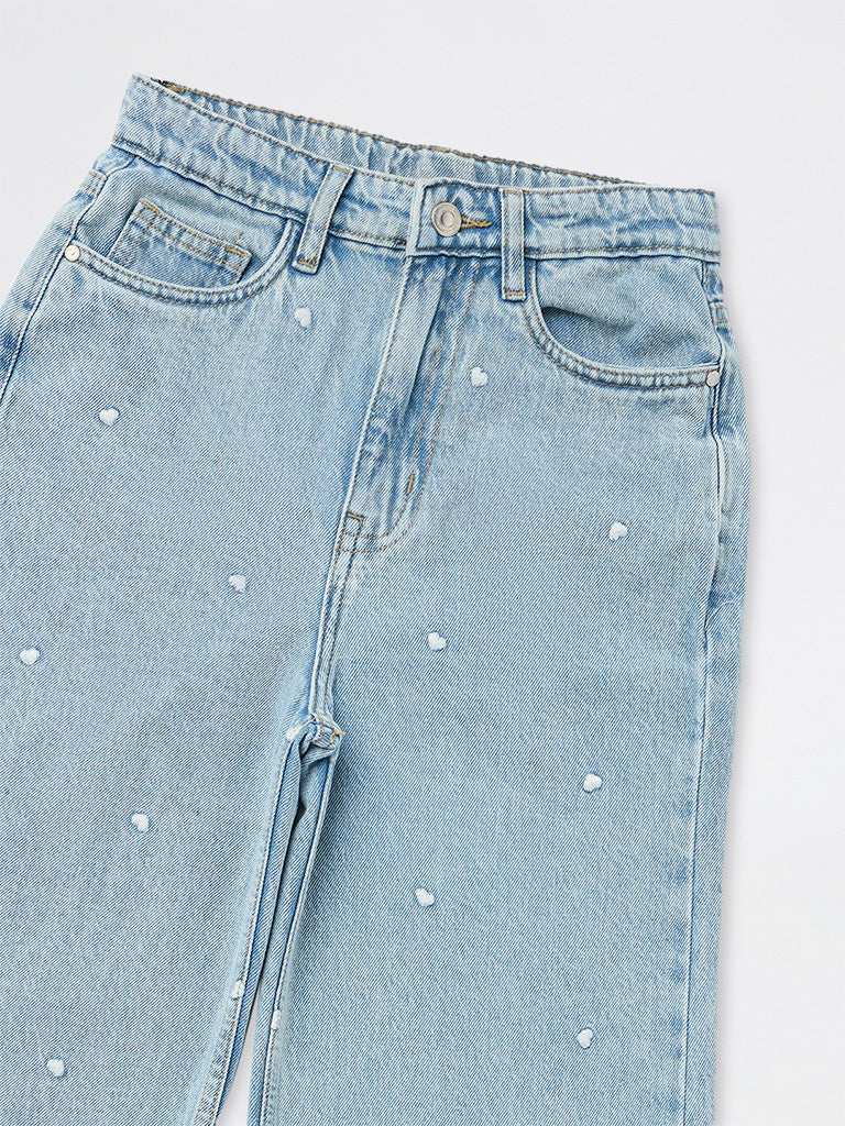 Y&F Kids Girls Blue Heart Detailed High-Rise Relaxed Fit Jeans