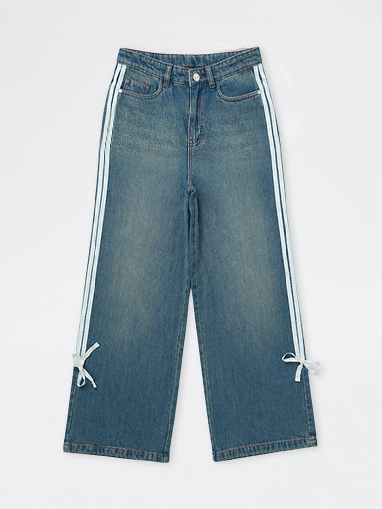 Girls Blue Washed Bow-Detail High-Waist Jeans