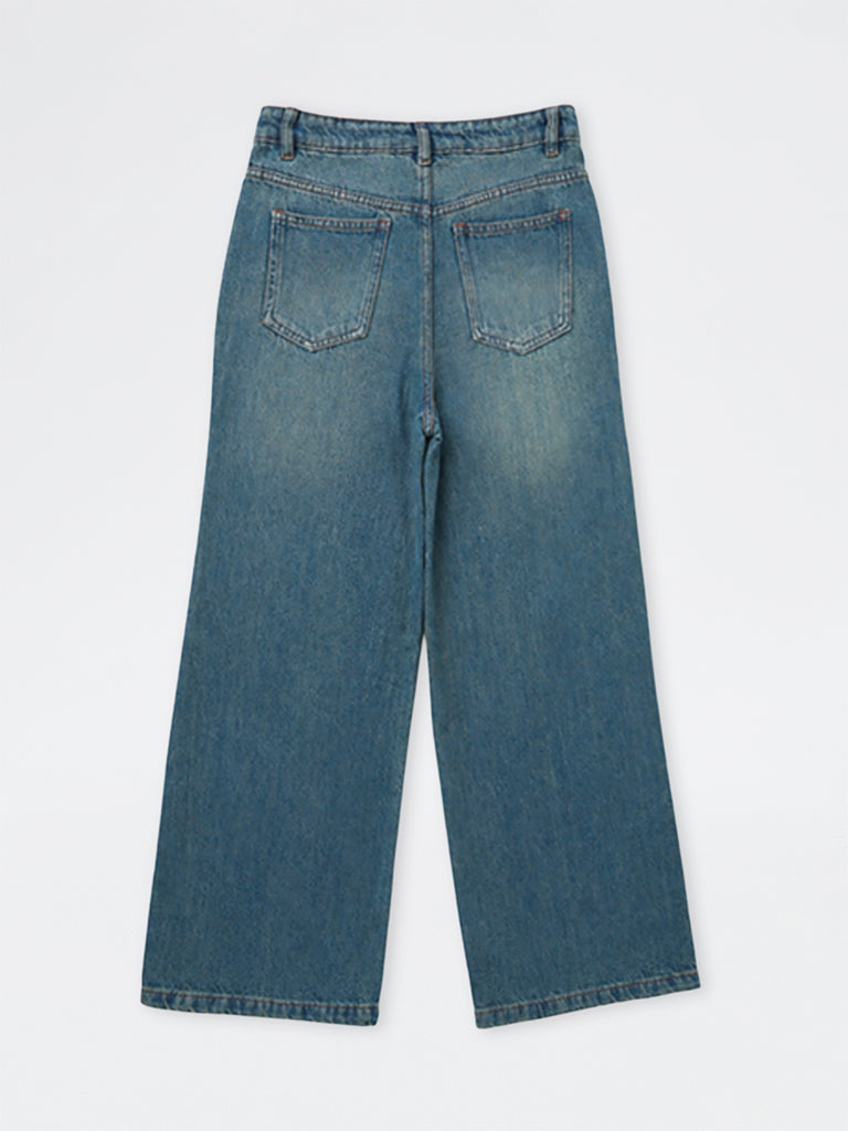 Girls Blue Washed Bow-Detail High-Waist Jeans