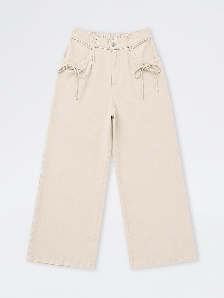 Girls Beige Tie-Up Detail High-Rise Trousers