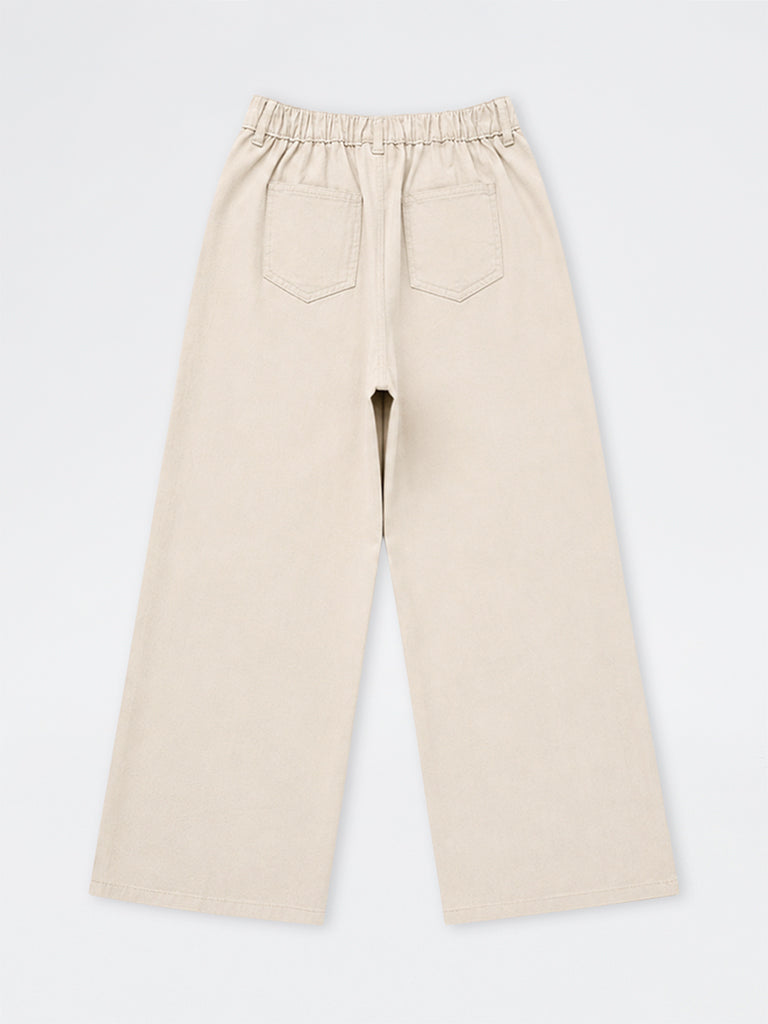 Girls Beige Tie-Up Detail High-Rise Trousers