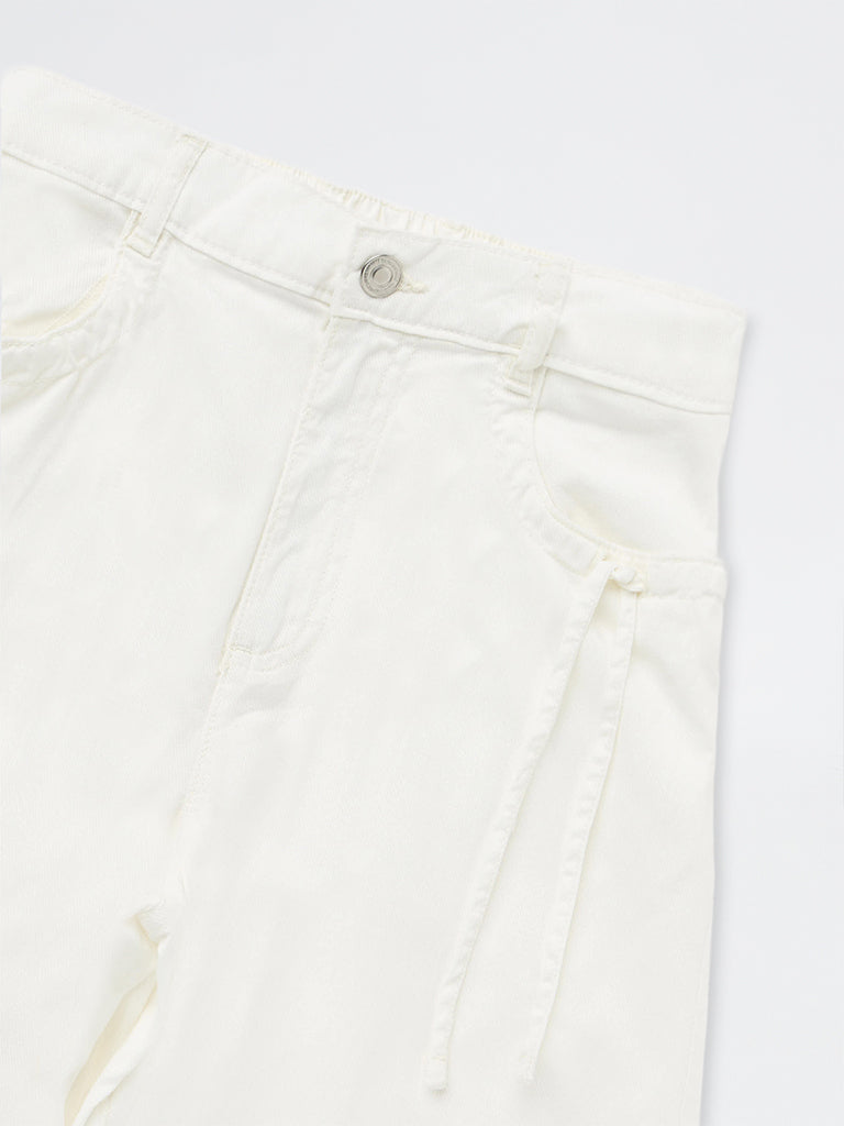 Girls White Solid High-Rise Relaxed-Fit Trousers