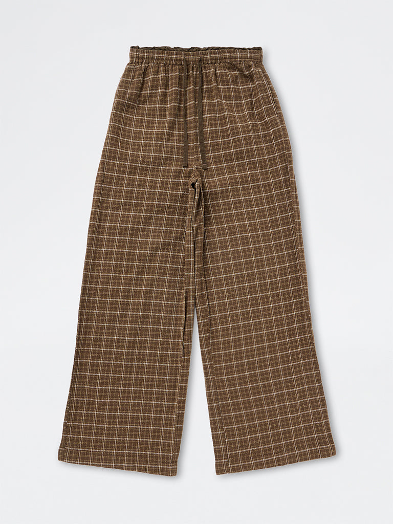 Girls Brown Checkered High-Rise Cotton Pyjamas