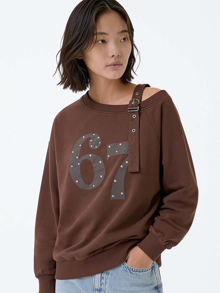 Girls Brown Buckle-Detail Off-Shoulder Cotton Sweatshirt