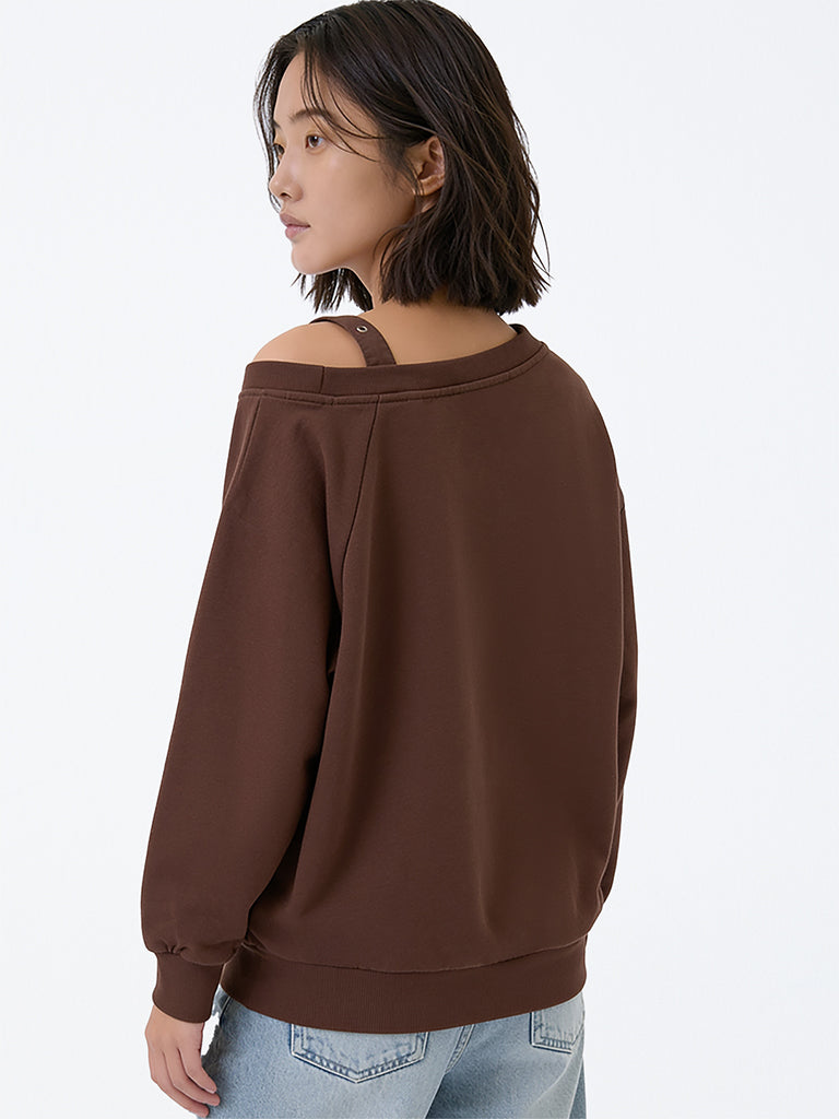 Girls Brown Buckle-Detail Off-Shoulder Cotton Sweatshirt