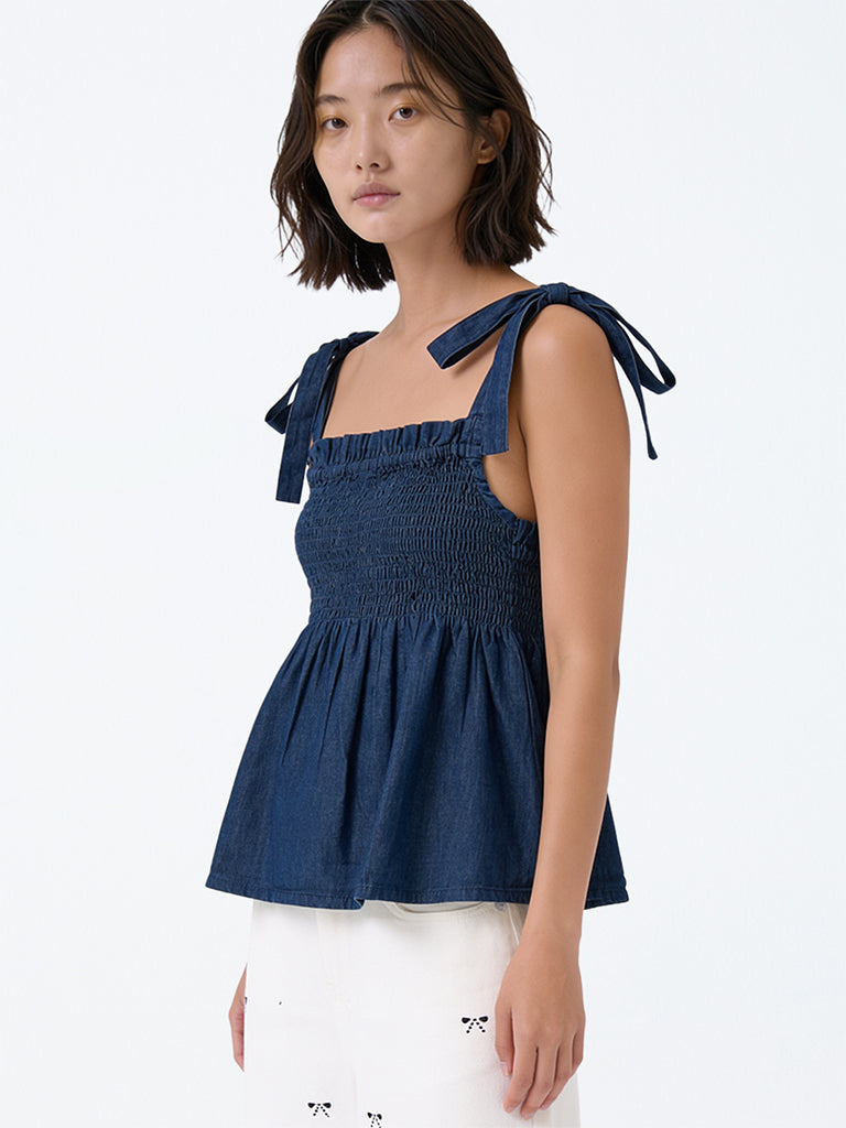 Girls Dark Blue Smocked Peplum Denim Top
