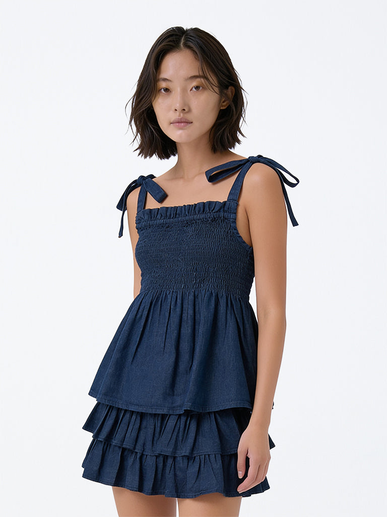Girls Dark Blue Smocked Peplum Denim Top