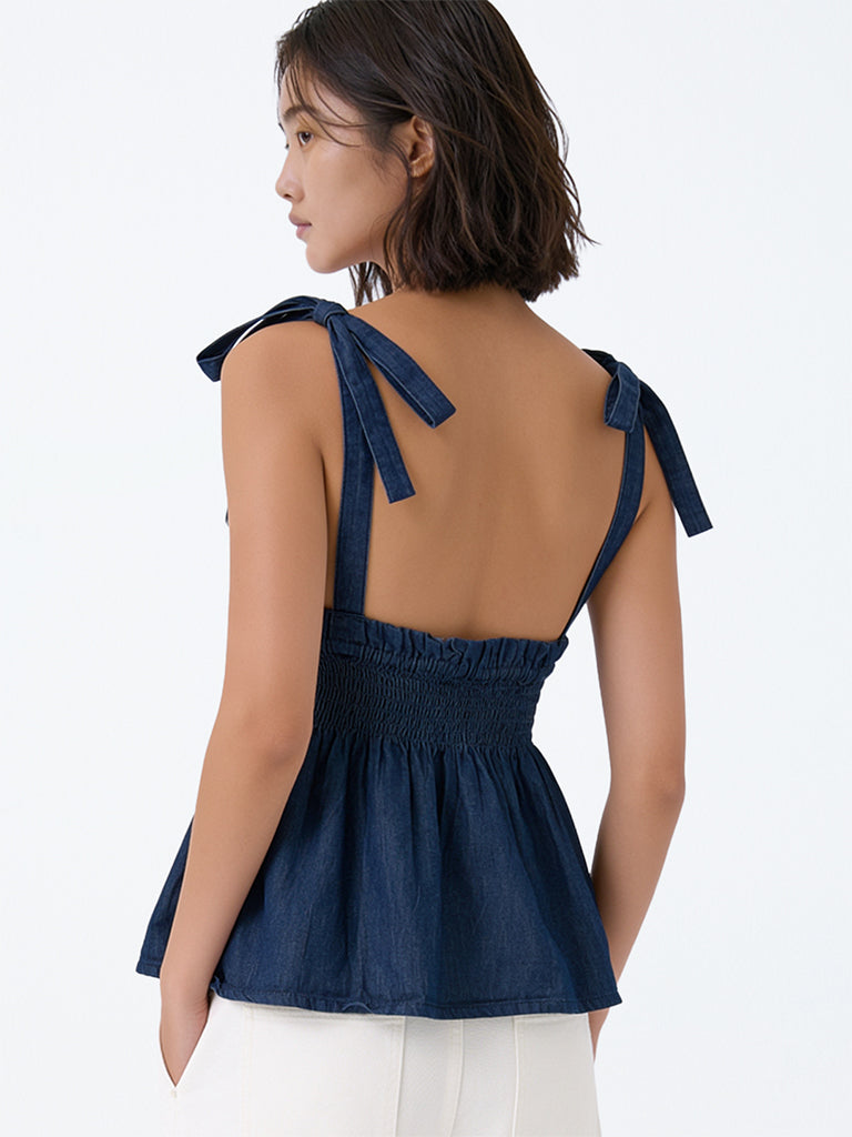Girls Dark Blue Smocked Peplum Denim Top