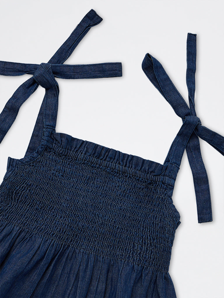 Girls Dark Blue Smocked Peplum Denim Top