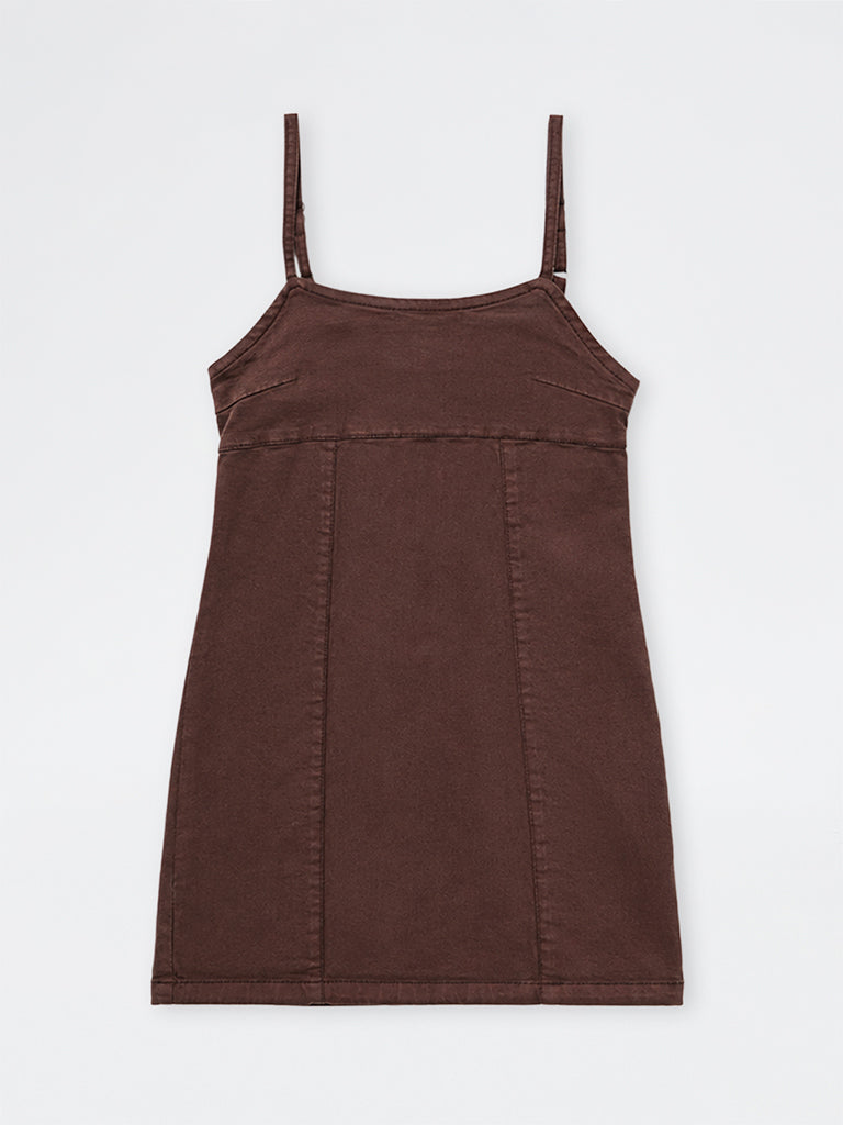 Girls Dark Brown A-Line Denim Dress