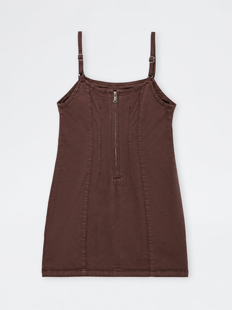 Girls Dark Brown A-Line Denim Dress