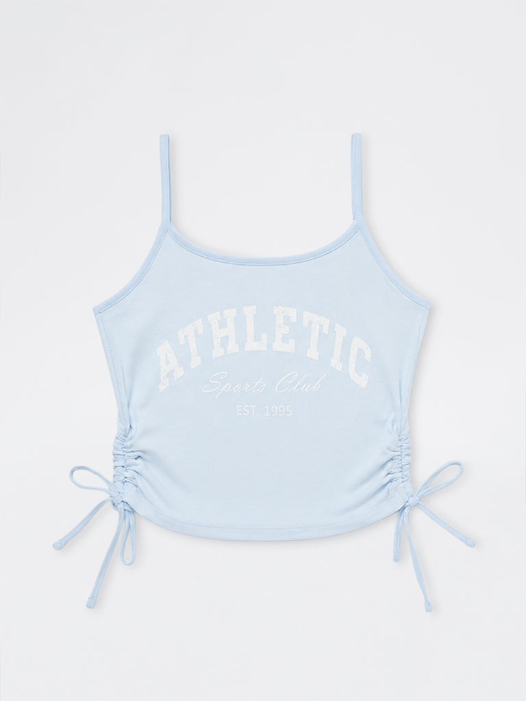Girls Light Blue Text Printed Cotton-Blend Top