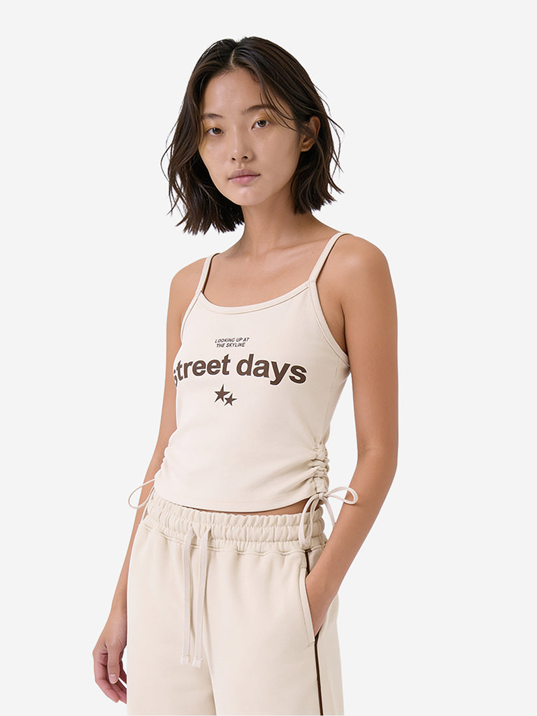 Y&F Kids Girls Off-White Text Printed Rached Cotton-Blend Top