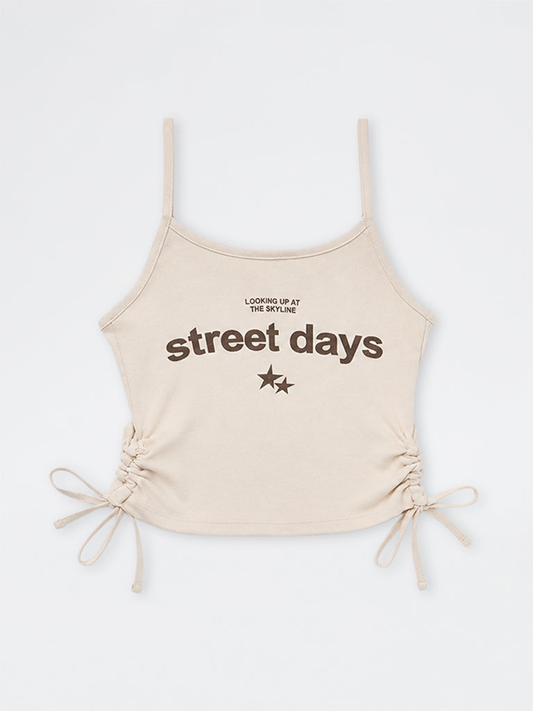 Y&F Kids Girls Off-White Text Printed Rached Cotton-Blend Top