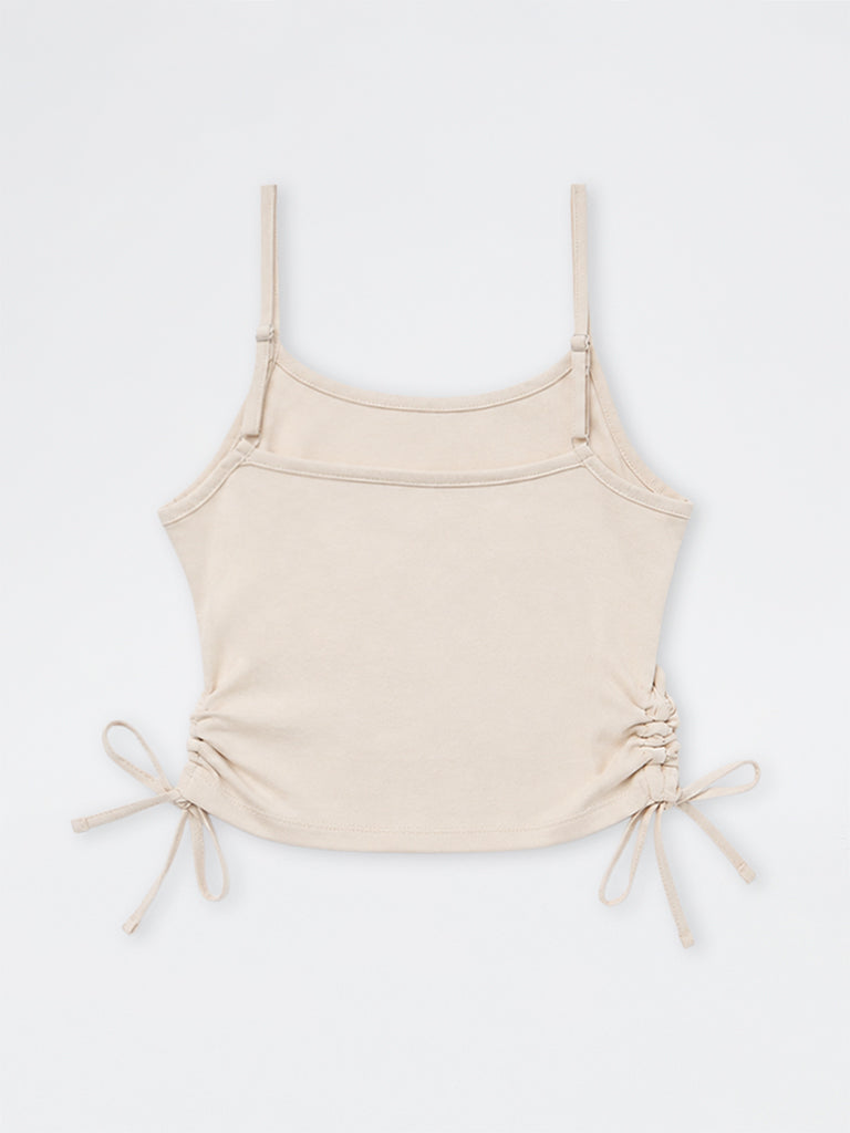 Y&F Kids Girls Off-White Text Printed Rached Cotton-Blend Top