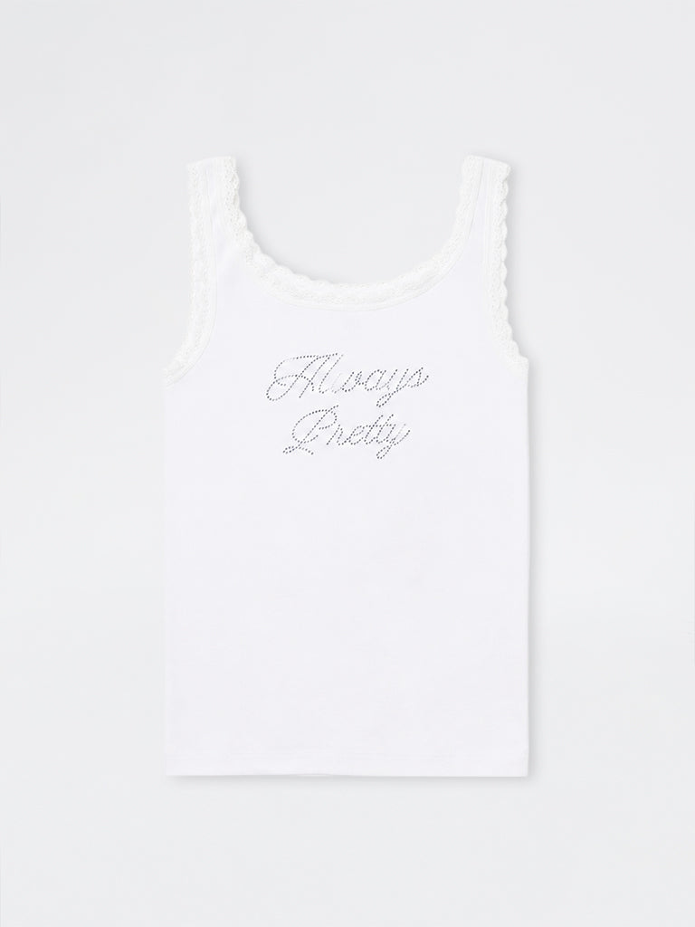 Girls White Text Embellished Lace Design Cotton-Blend Top