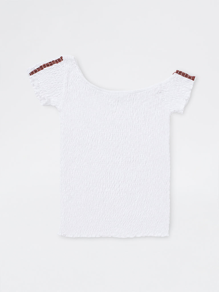 Girls White Smocked One-Shoulder Cotton Top